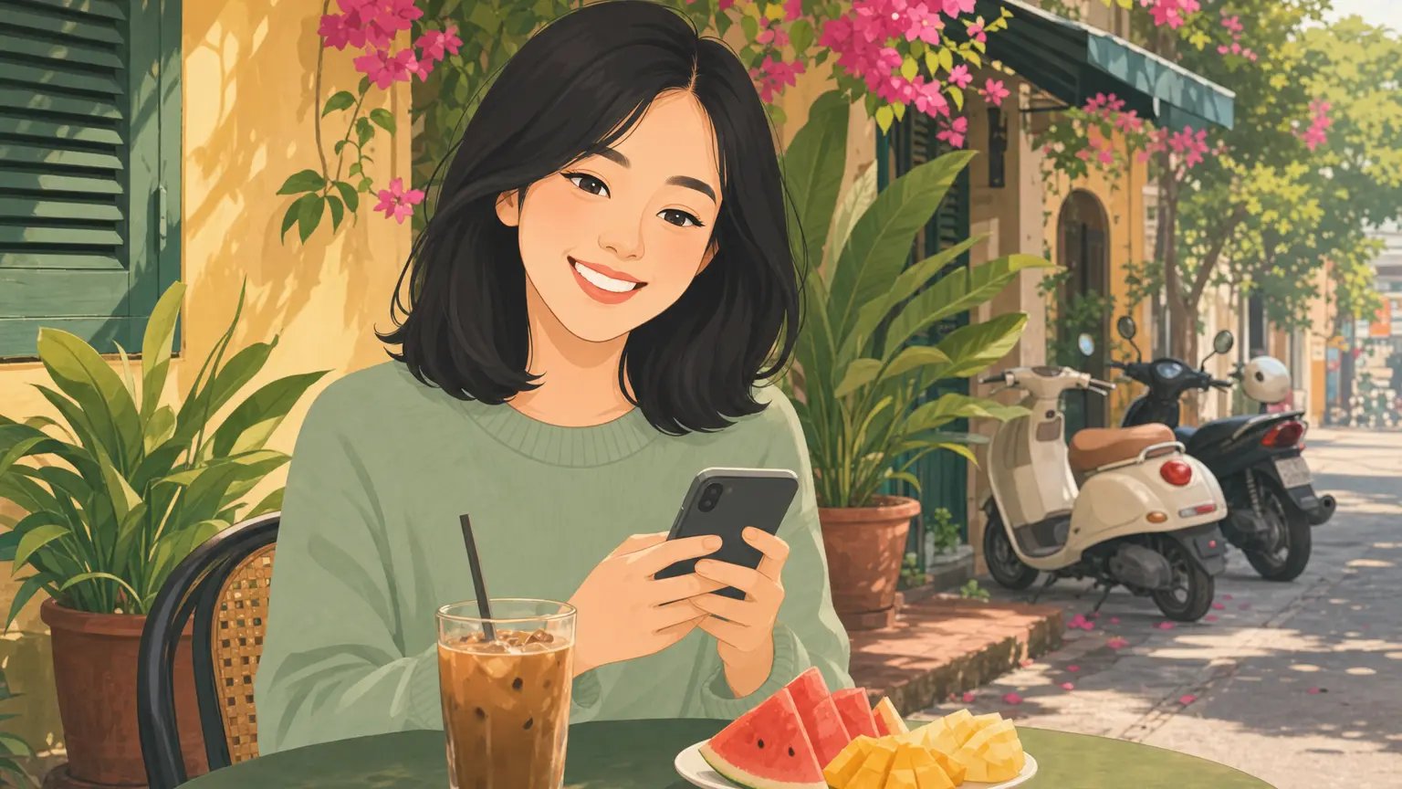 Mai cười bên ly cà phê sữa đá ở một quán vỉa hè Sài Gòn